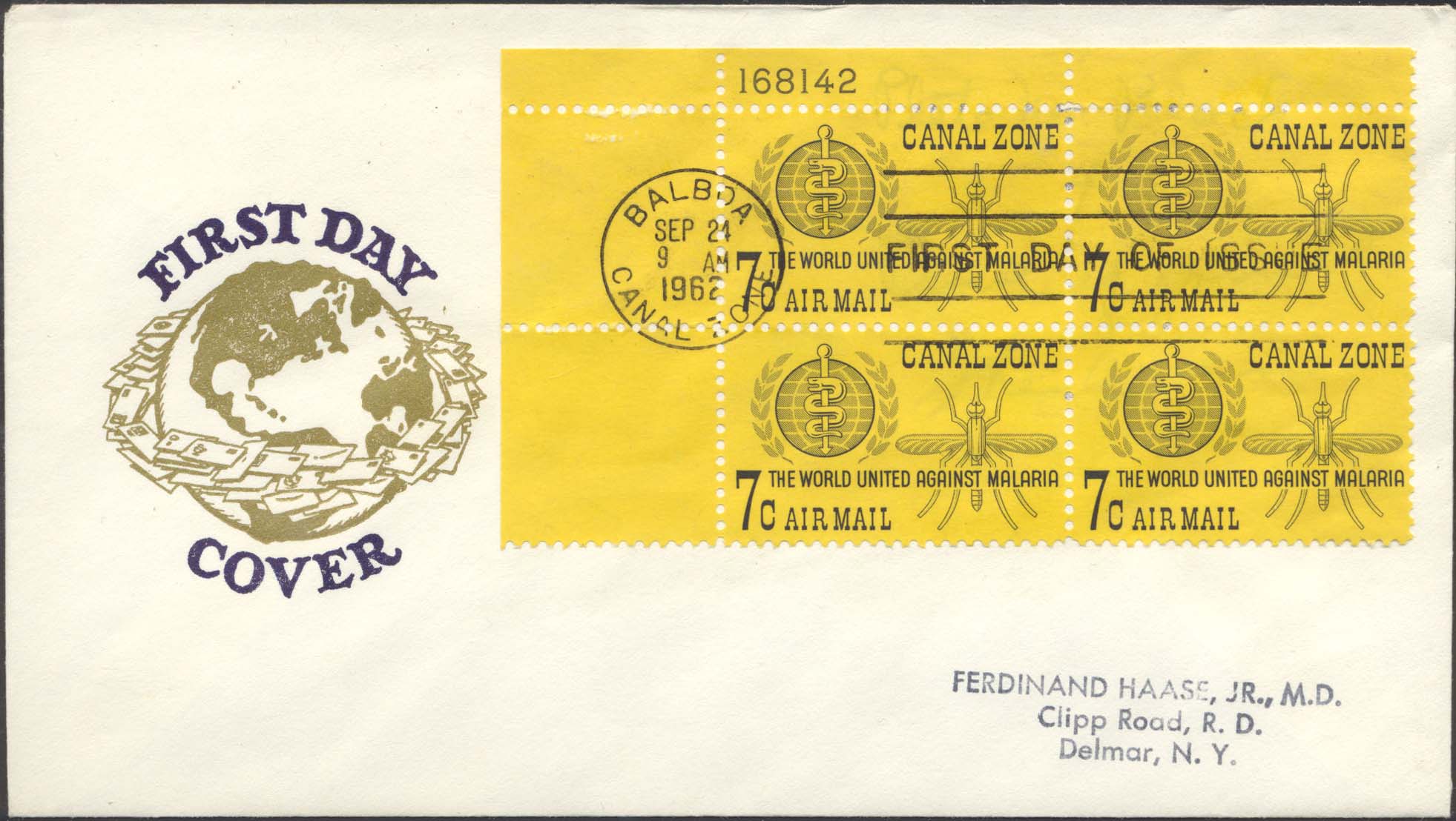 Scott C33 (Plate Block 4) (FDC w/ Globe & Letters (Gold) (Addressed))