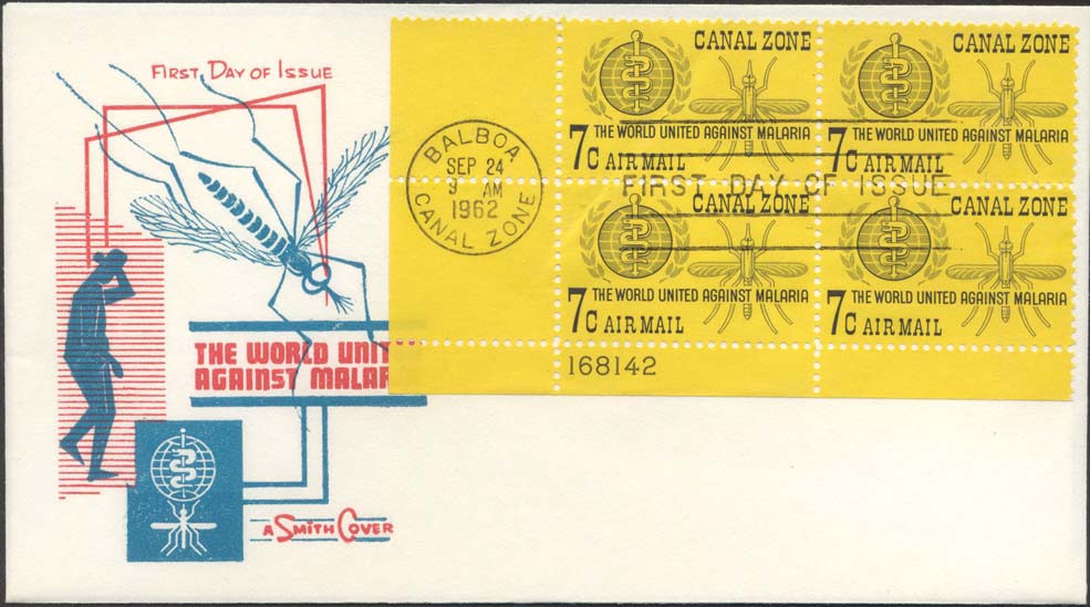 Scott C33 (Plate Block) (FDC w/ Mosquito/Man (Red/Blue))