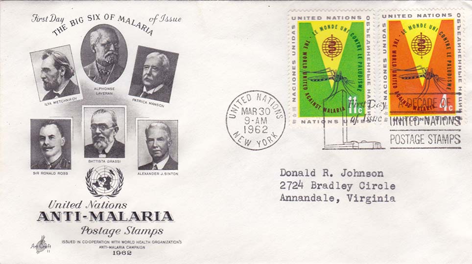 United Nations Scott 102-103 Art Craft FDC Addressed to Donald R Johnson