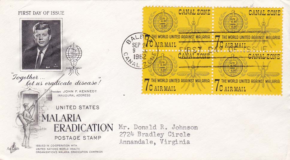 Canal Zone Scott C33 (Block of 4) Art Craft FDC Addressed to Donald R Johnson