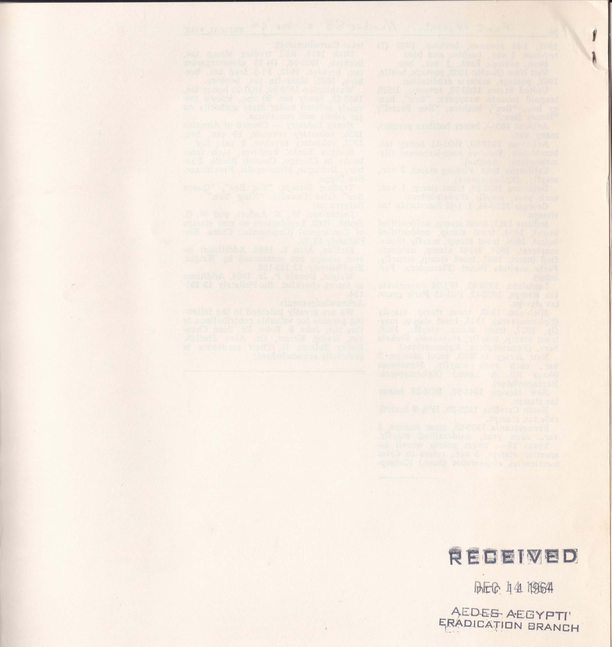 Checklist Of Entomological Stamps (Back Page) With Receiving Mark Received Aedes Aegypti Eradication Branch Item With Receiving Mark 1