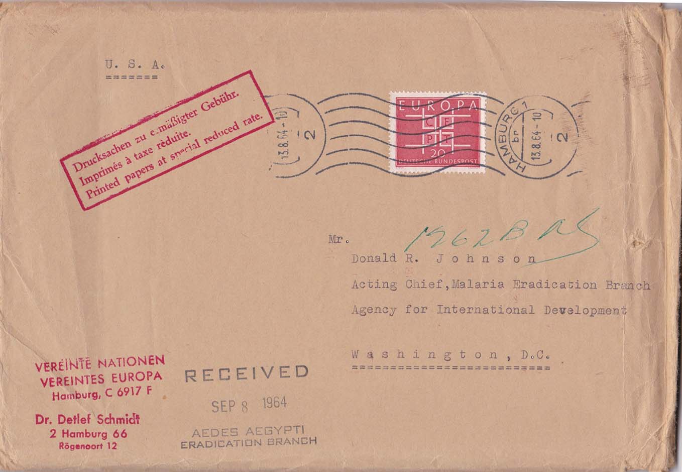 Cover to Donald R Johnson With Receiving Mark Received Aedes Aegypti Eradication Branch Item With Receiving Mark 2