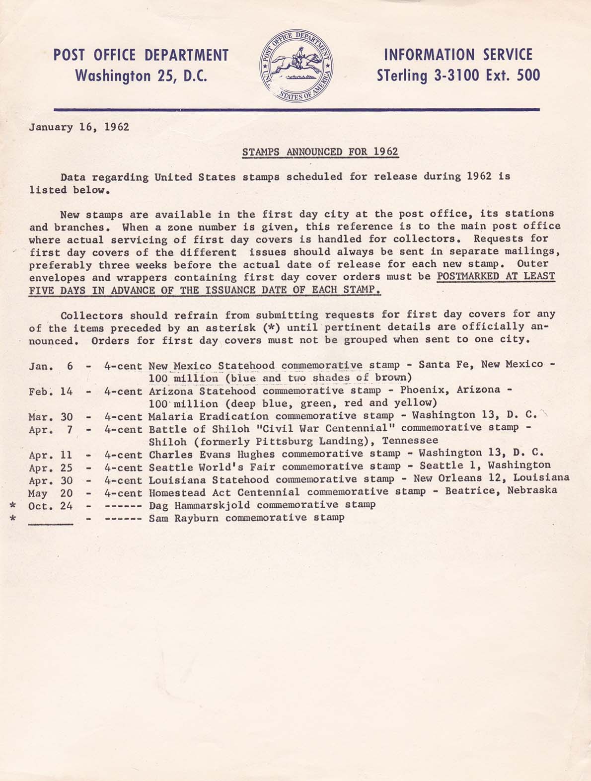 POD Information Service - January 16, 1962