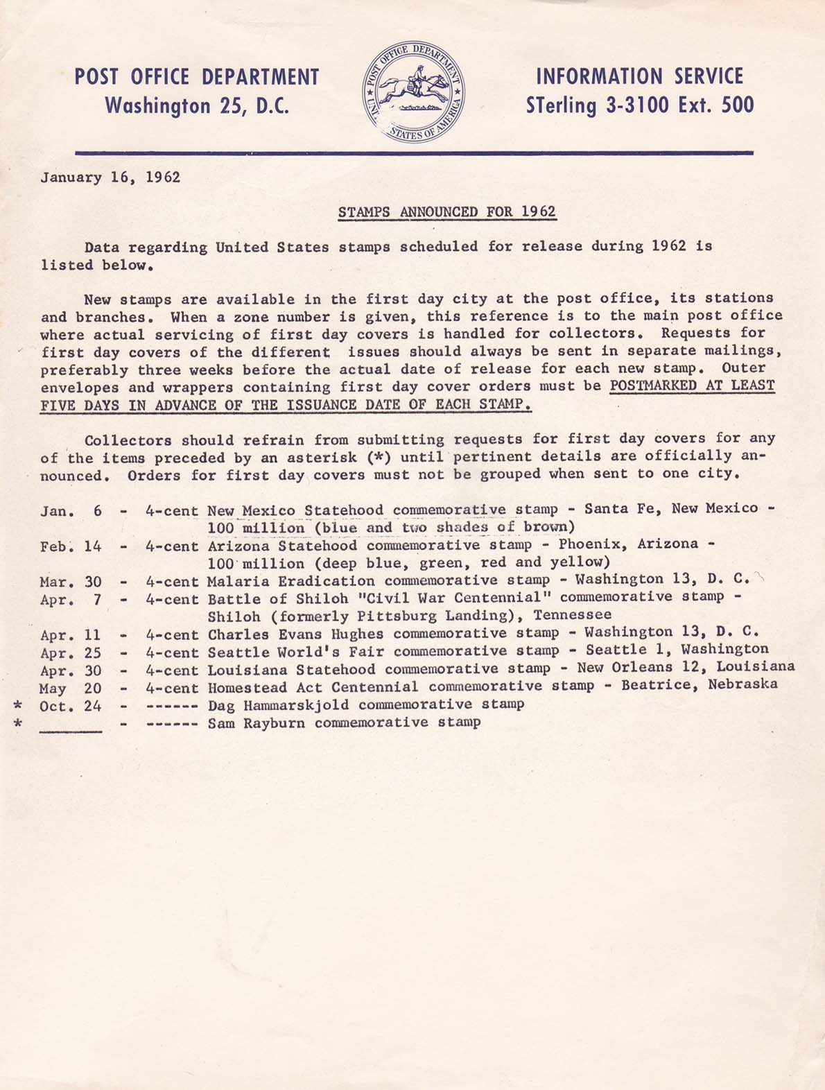 POD Information Service - January 16, 1962 - Stamps Announced For 1962 POD Information Service - January 16, 1962