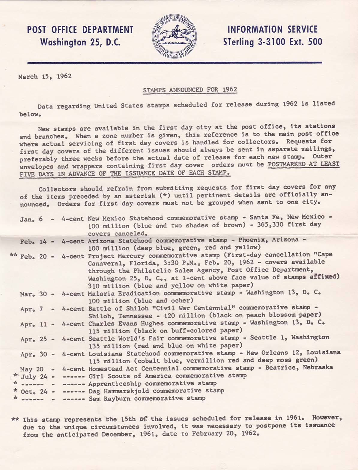 POD Information Service - March 15, 1962