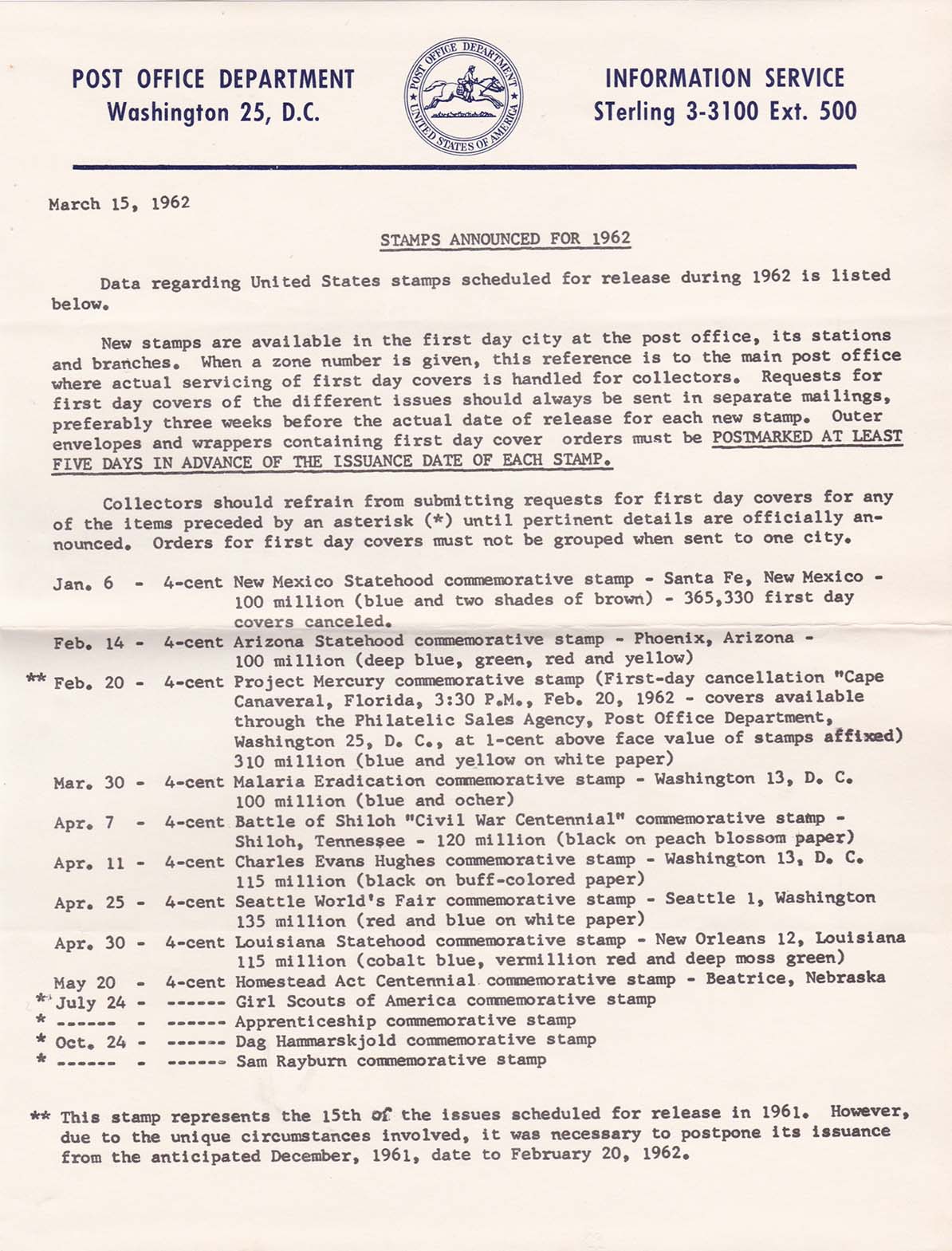 POD Information Service - March 15, 1962 - Stamps Announced For 1962 POD Information Service - March 15, 1962