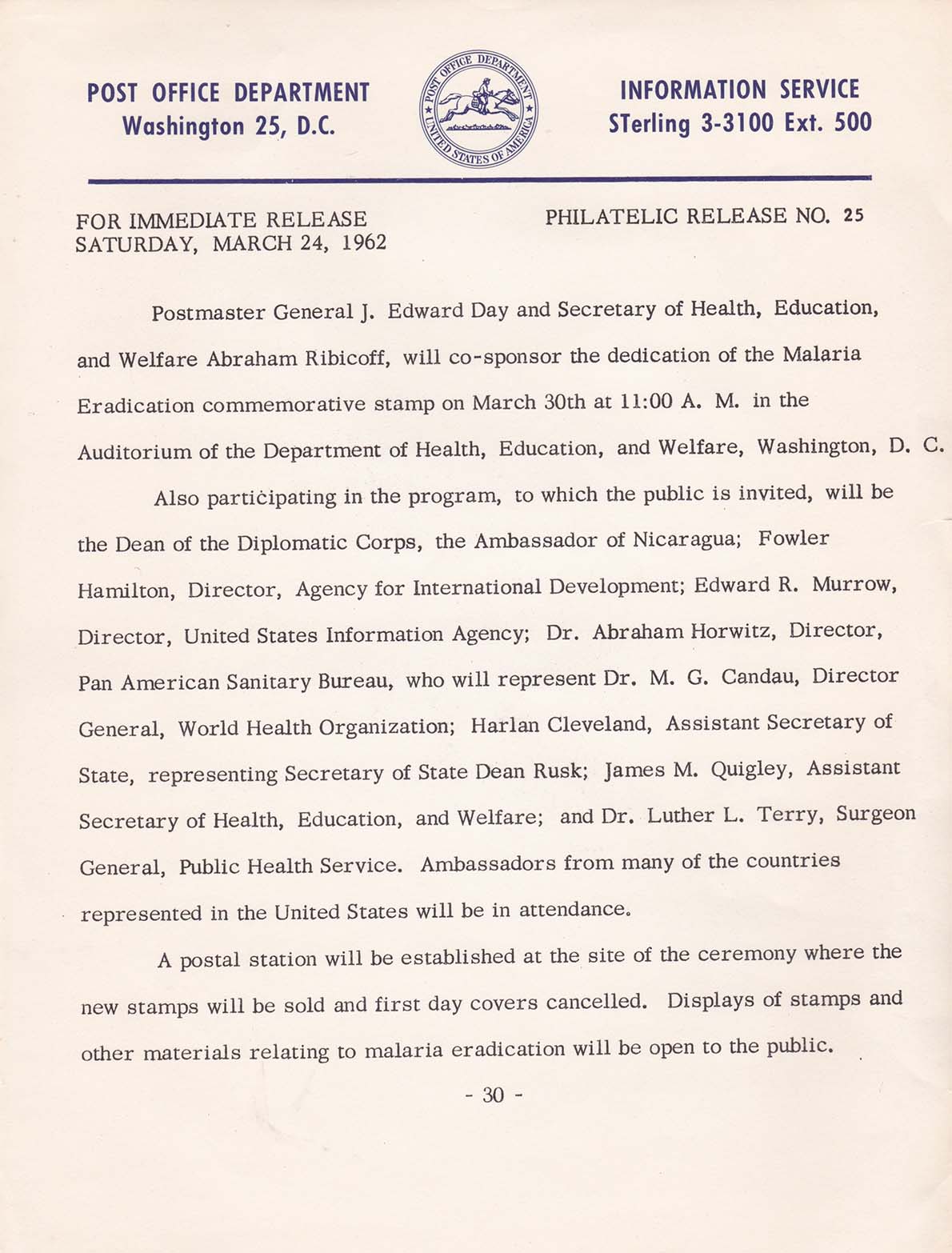 POD Information Service - March 24, 1962 - Philatelic Release NO. 25 POD Information Service - March 24, 1962