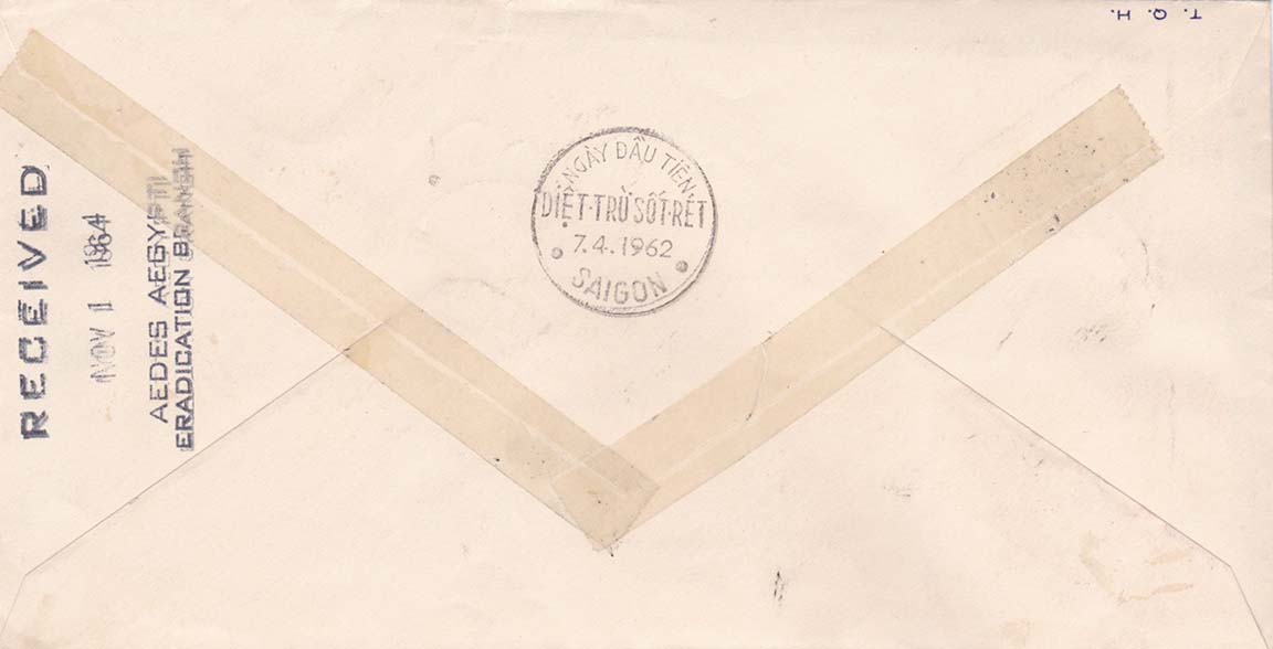 South Vietnam FDC (Back) With Receiving Mark Received Aedes Aegypti Eradication Branch Item With Receiving Mark 3