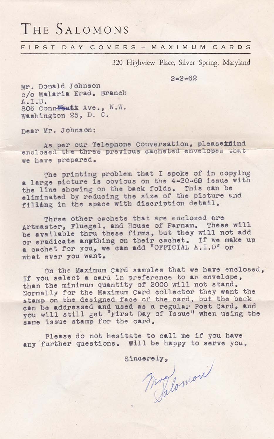 Letter To Donald R Johnson About Creating FDCs
