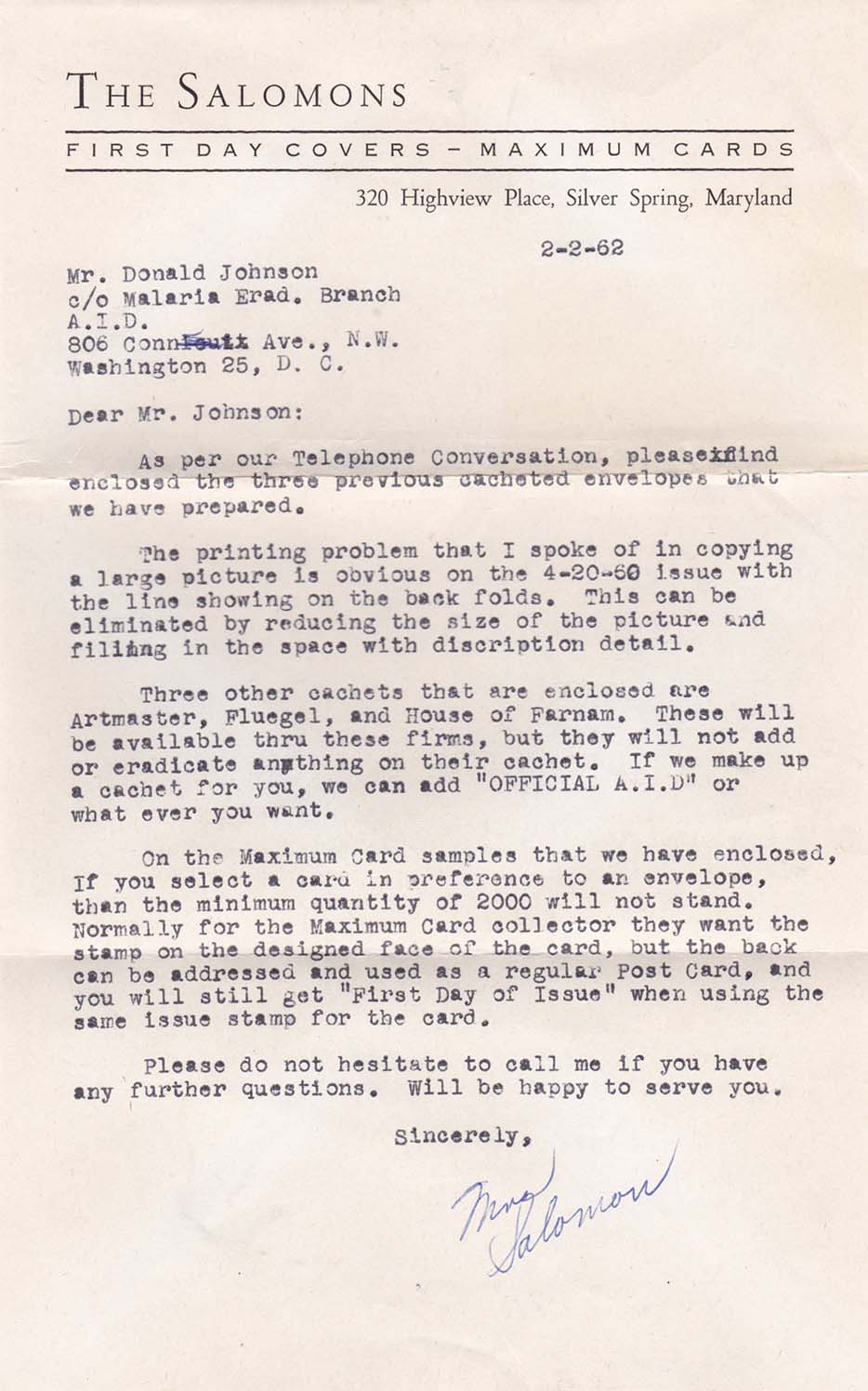 Letter From The Salomons To Donald R Johnson About Creating FDCs Letter To Donald R Johnson About Creating FDCs