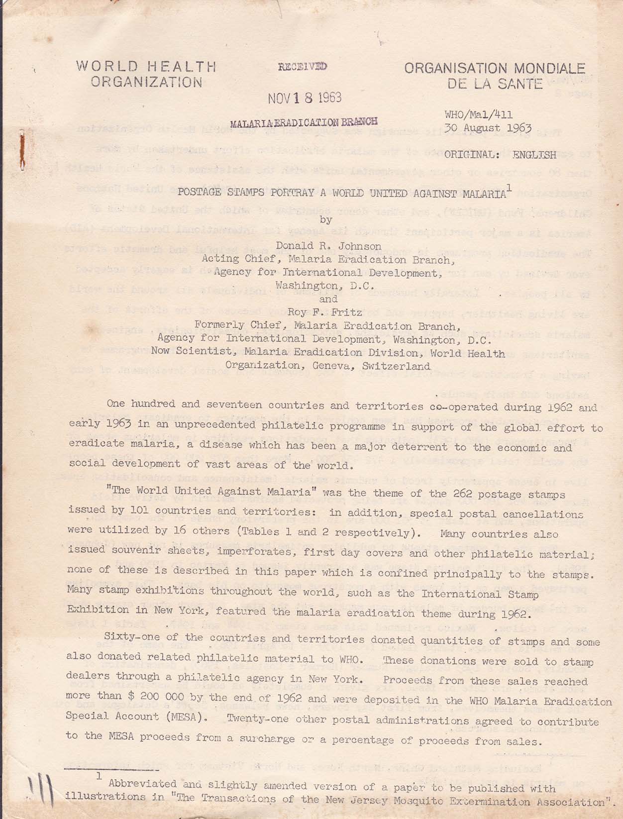 W.H.O. Document WHO/Mal/411 'Postage Stamps Portray A World United Against Malaria' (w/ Received Malaria Eradication Branch NOV 18, 1963) Item With Receiving Mark 7