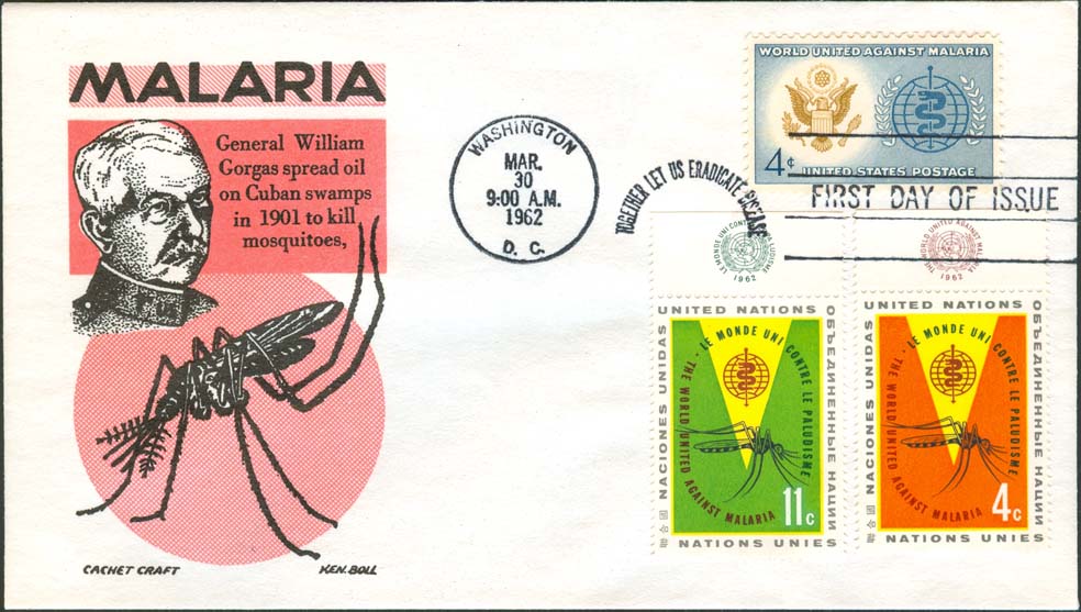 Ken Boll FDC Cachet (Red/Black) w/ United States Scott 1194 and United Nations Scott 102-103.