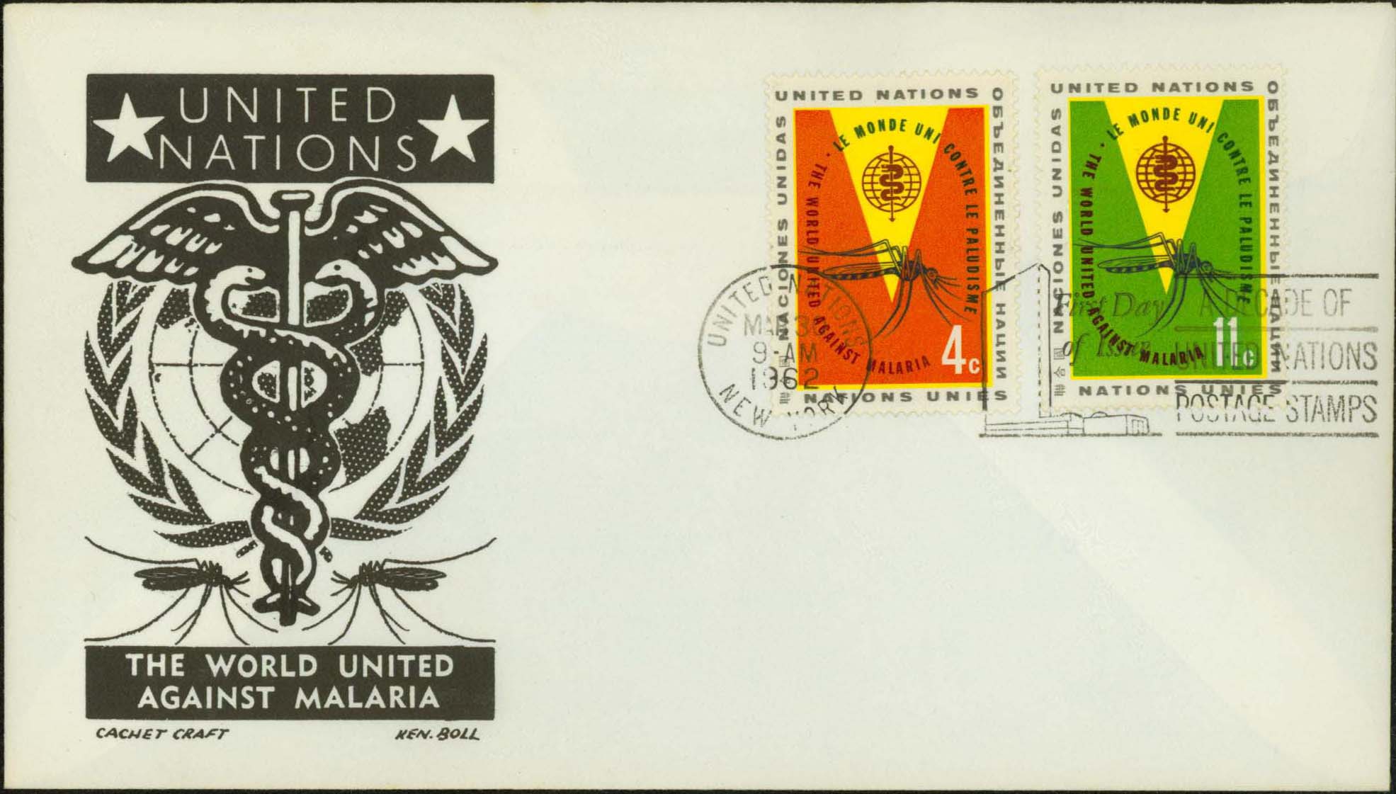 Ken Boll FDC Cachet (Black) w/ United Nations Scott 102-103