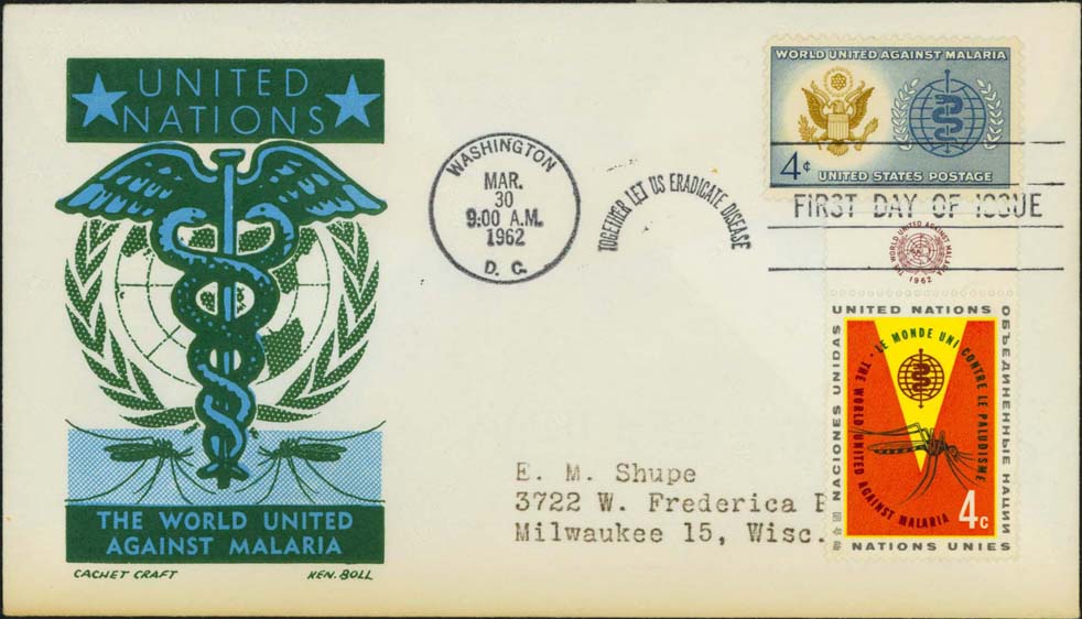 Ken Boll FDC Cachet (Blue/Green) w/ United Nations Scott 102 And United States Scott 1194