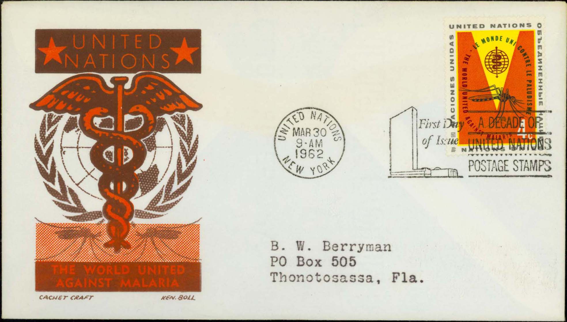 Ken Boll FDC Cachet (Brown/Orange) w/ United Nations Scott 102