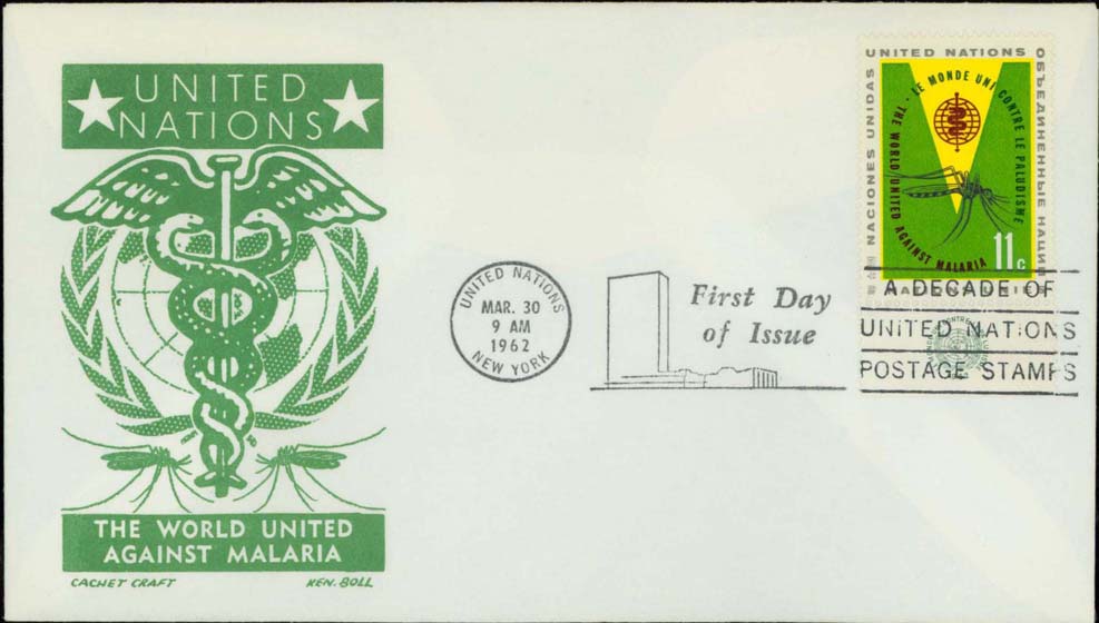 Ken Boll FDC Cachet (Green) w/ United Nations Scott 103