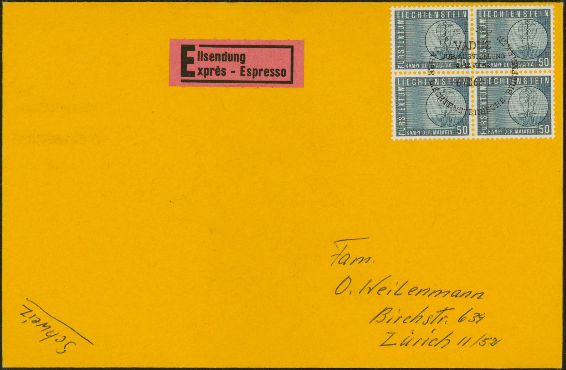 Scott 371 (FDC Commercially Used (Express to Zurich)(Block of 4))