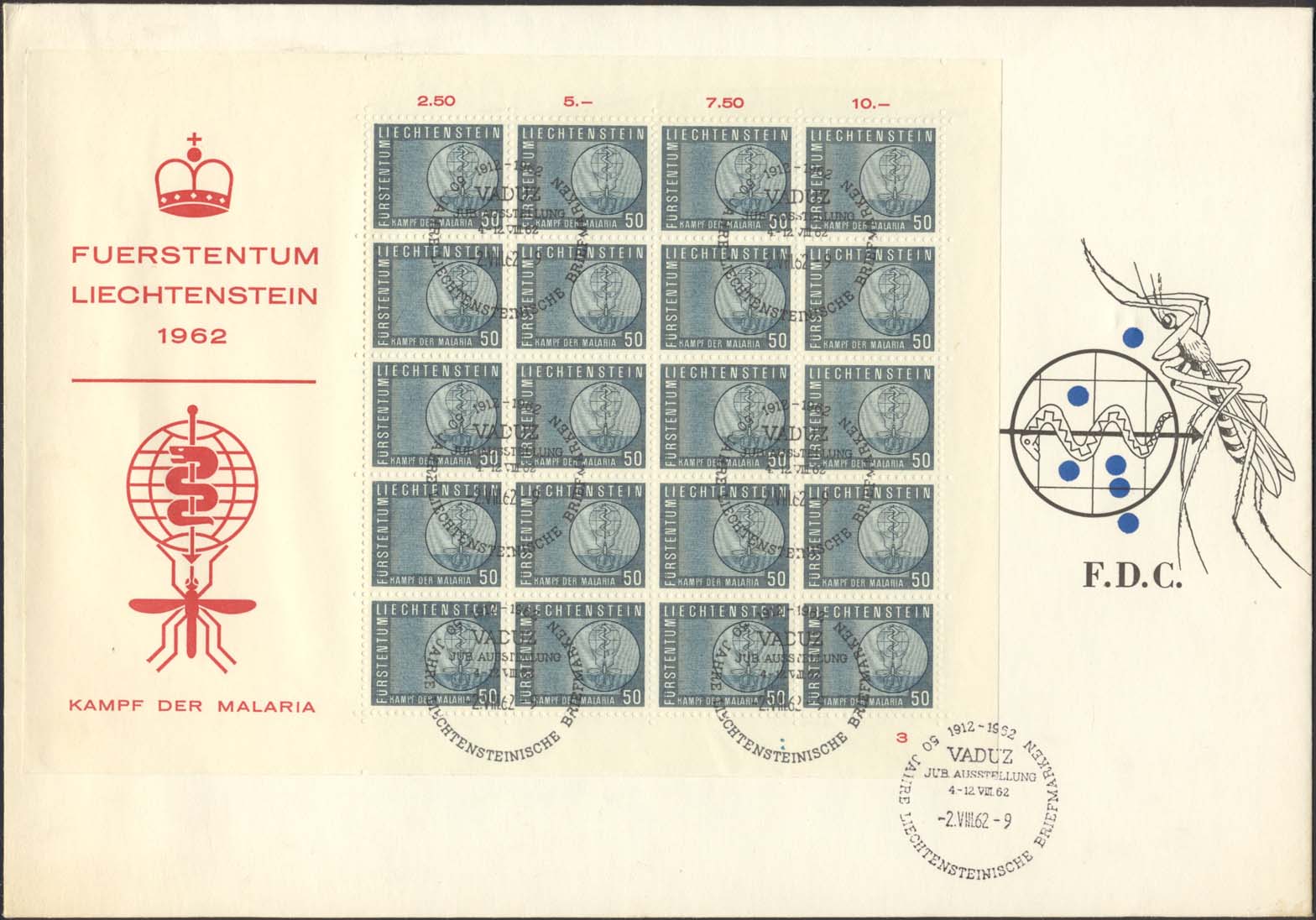 Scott 371 (FDC w/ Full Sheet (Plate 3) w/ Mosquito/Snake Blue/Black )