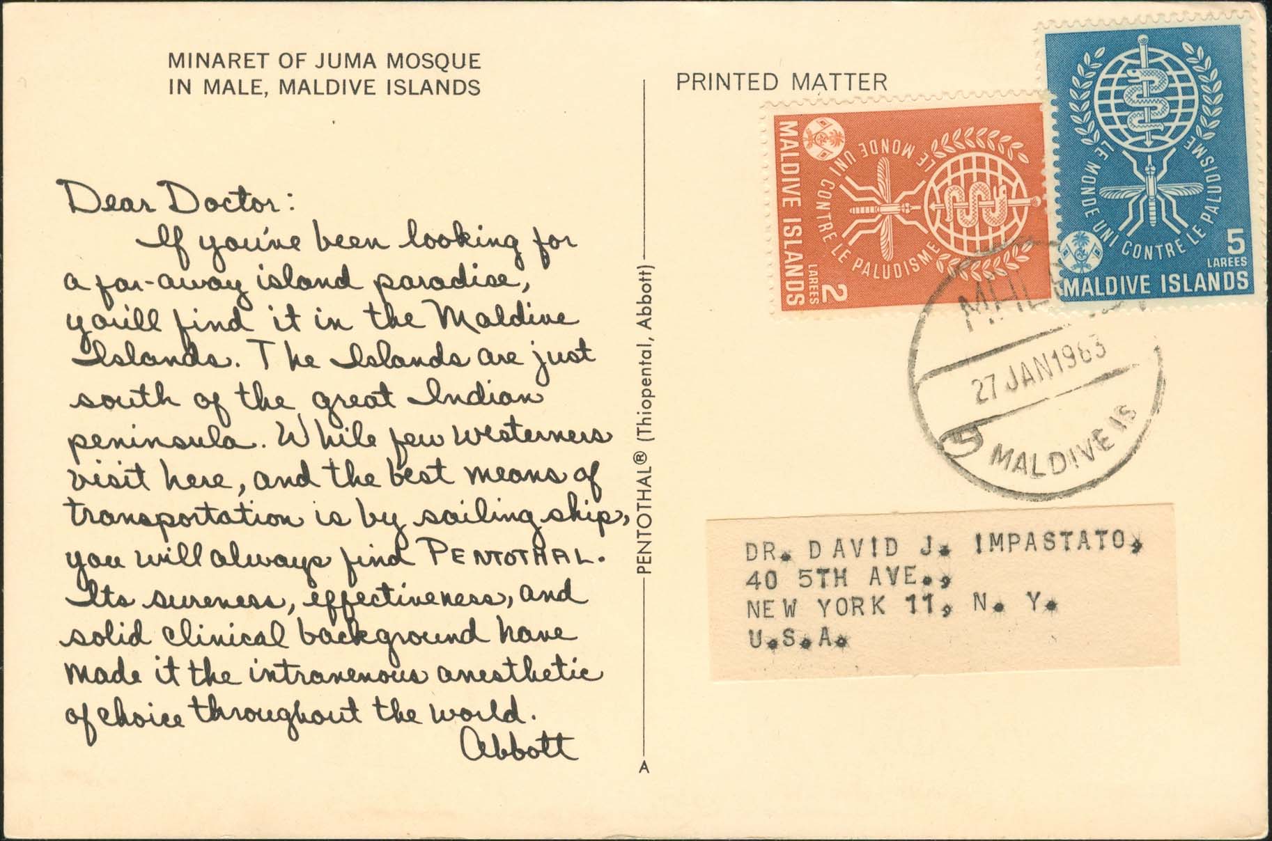 Dear Doctor Postcard - Type A - United States - 1963, Jan 27