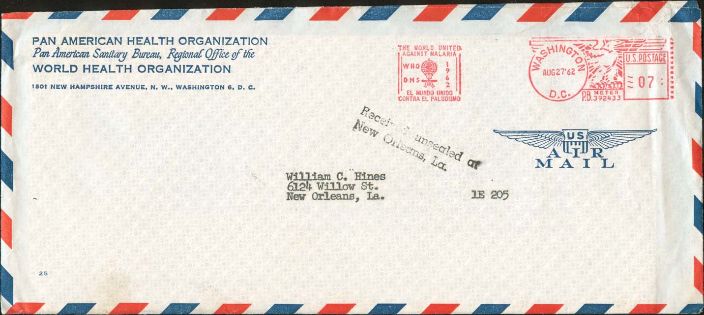 PAHO August 27th, 1962 "Received unsealed at New Orleans, La." - Front