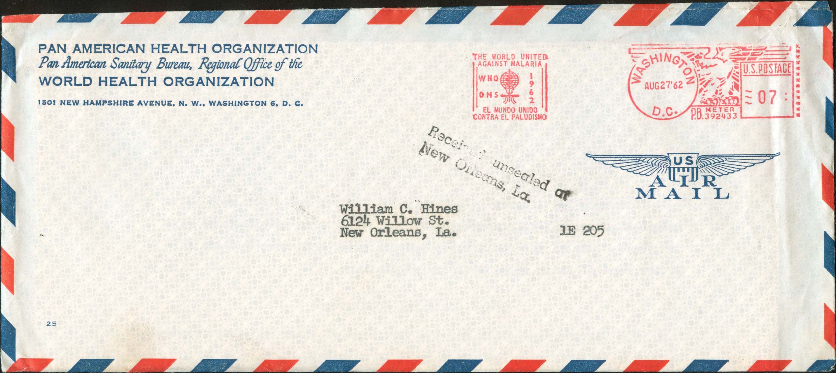 PAHO August 27th, 1962 "Received unsealed at New Orleans, La." - Front