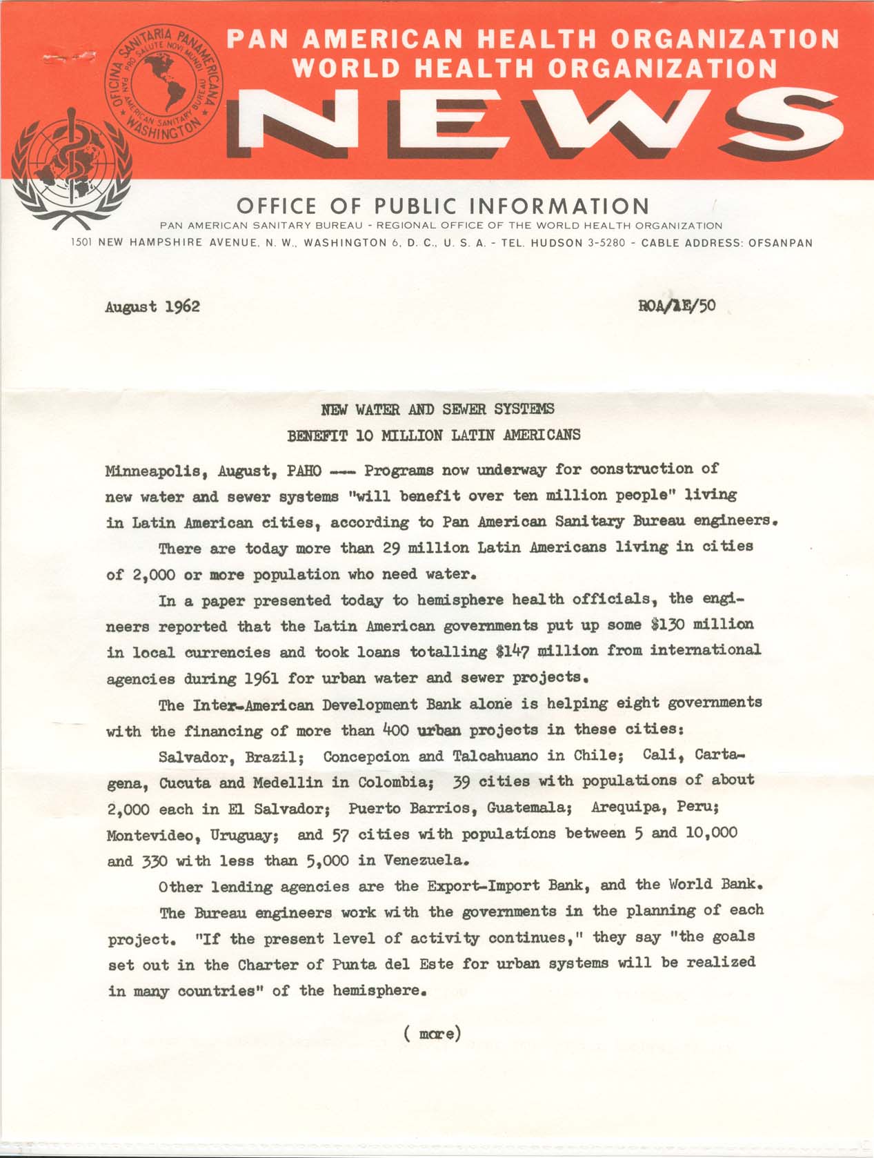 PAHO August 27th, 1962 "Received unsealed at New Orleans, La." - Contents - Page 1