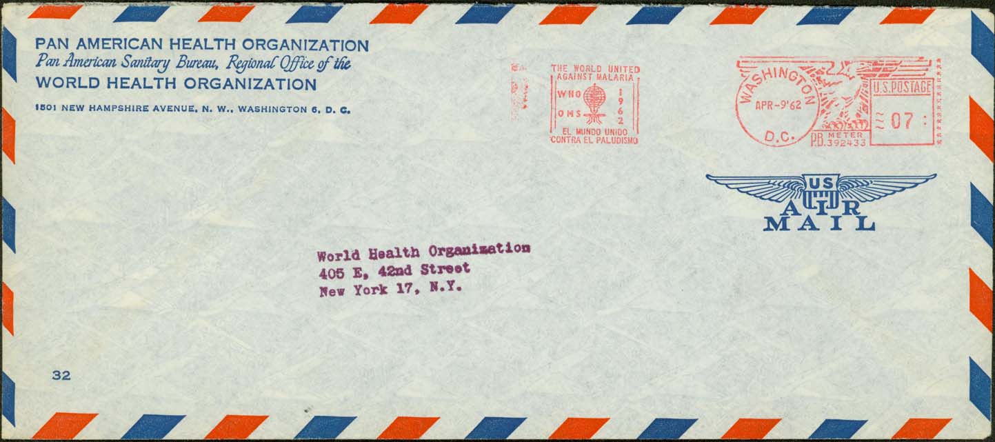 1962/04/09, 7¢ paying the airmail letter rate to the World Health Organization Office at 405 East 42nd Street