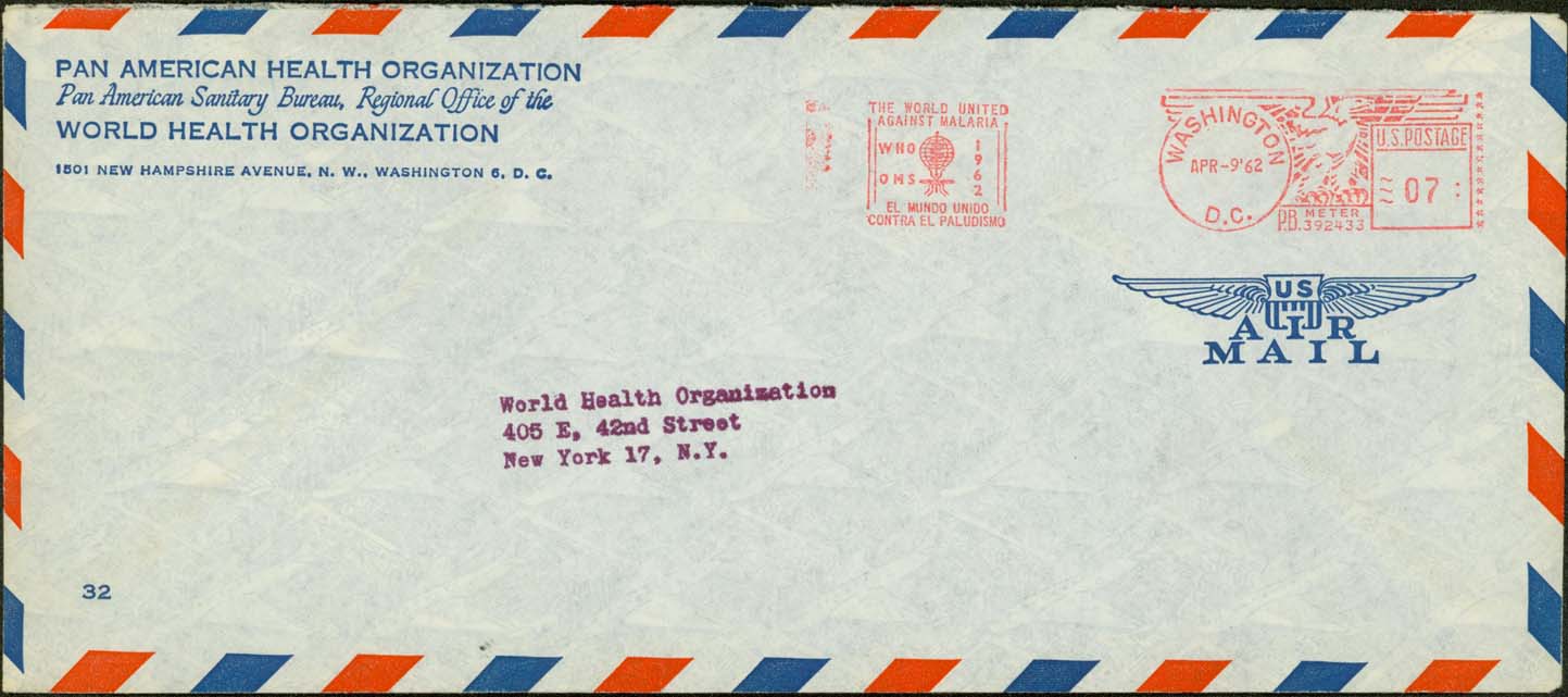 1962%2F04%2F09%2C 7%26cent%3B paying the airmail letter rate to the World Health Organization Office at 405 East 42nd Street