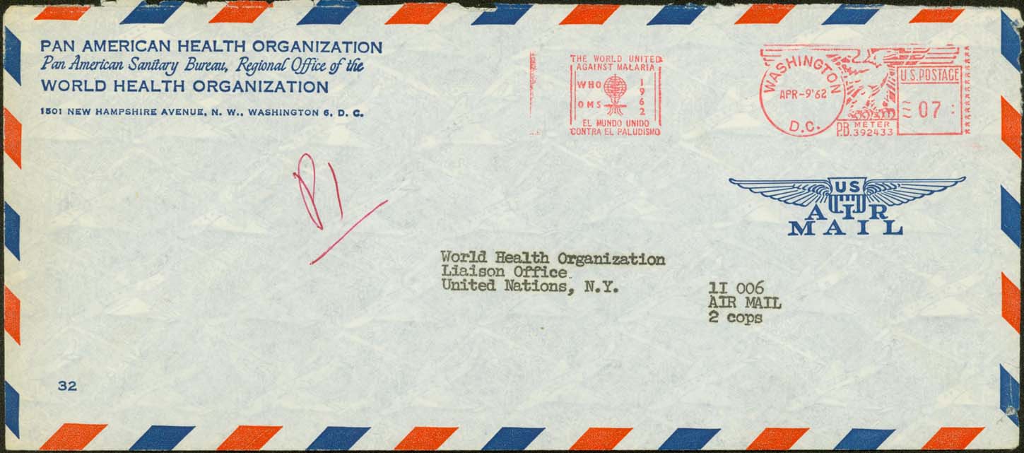 1962/04/09, 7¢ paying the airmail letter rate to the World Health Organization Liaison Office at the United Nations