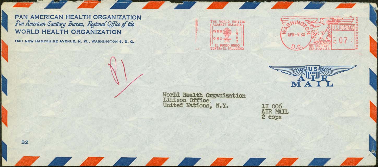 1962%2F04%2F09%2C 7%26cent%3B paying the airmail letter rate to the World Health Organization Liaison Office at the United Nations