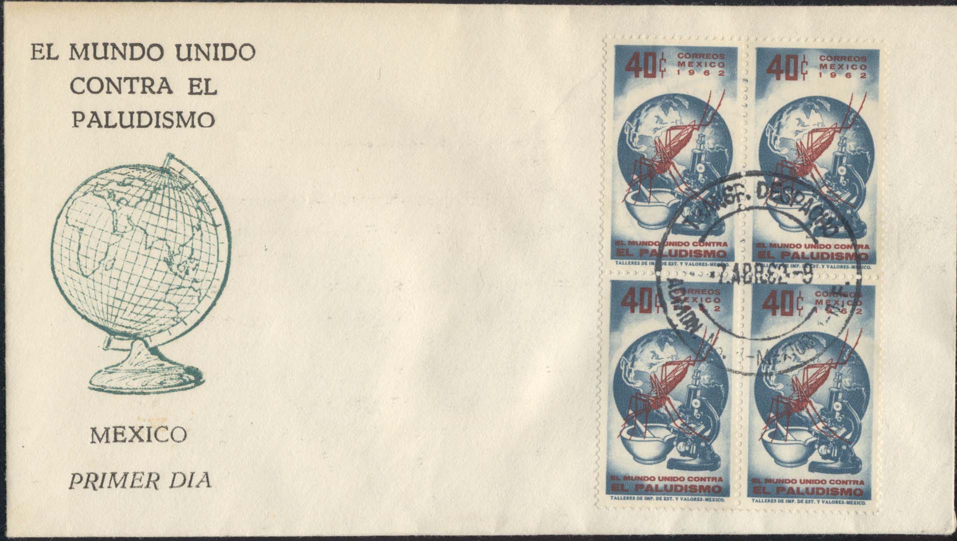 Scott 920 (FDC w/ Globe (Blue) 7.ABR.62 - 9 (Block of 4))