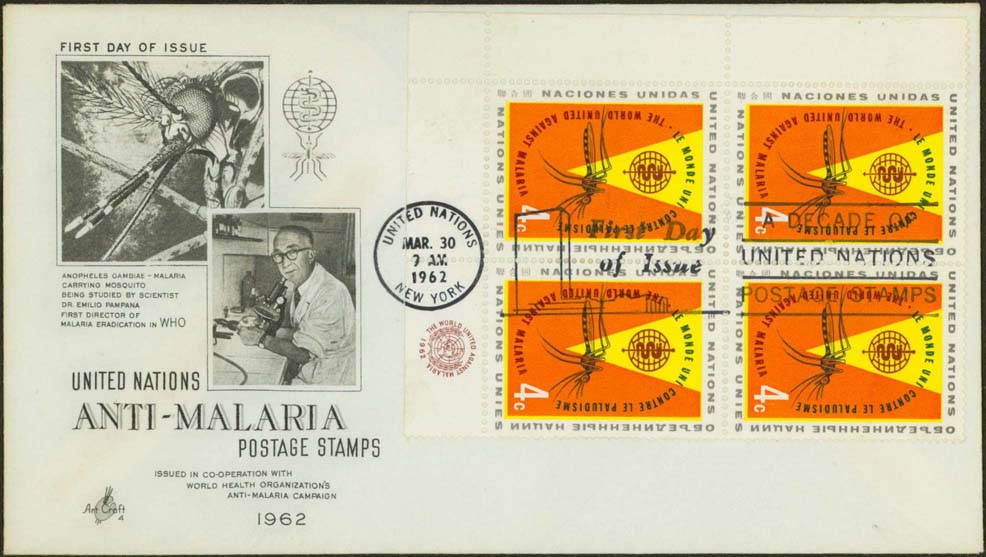 Scott 102 %28MI Block of 4 - Lower Right%29 %28FDC w%2F Artcraft Cachet %28Mosquito and Pampana%29%29