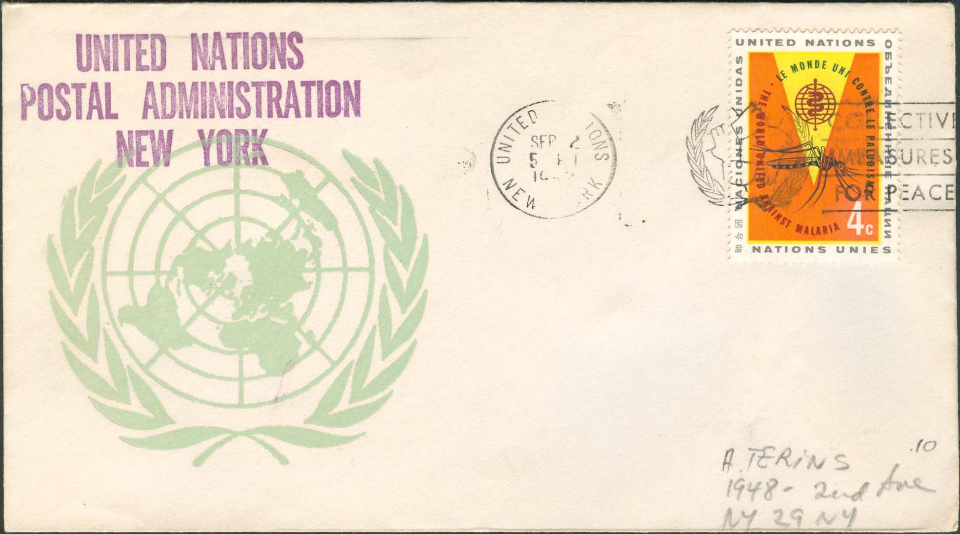 Scott 102 1st print - Sept 2, 1962 <br />Machine slogan cancel "Collective Measures for Peace"<br />UN Postal Administration rubber stamped return address