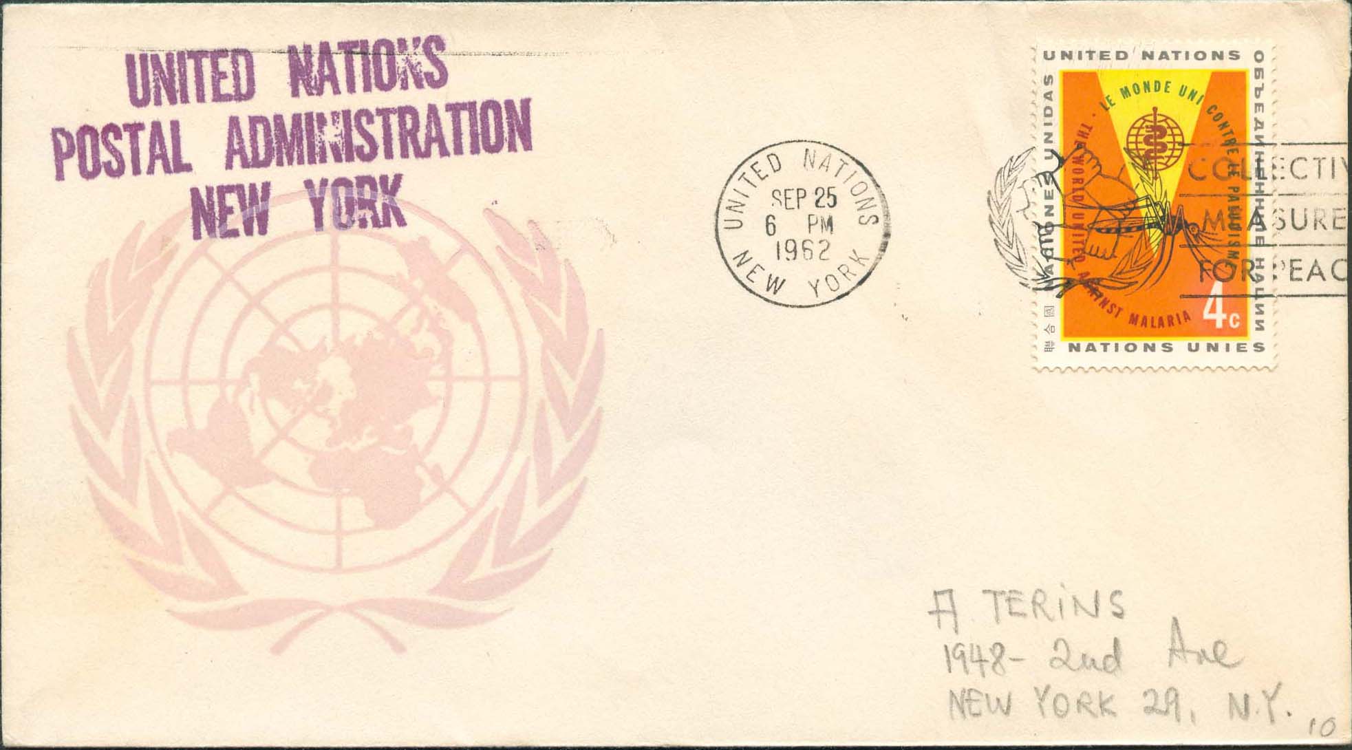 Scott 102 1st print - Sept 25, 1962 Machine slogan cancel Collective Measures for Peace UN Postal Administration rubber stamped return address