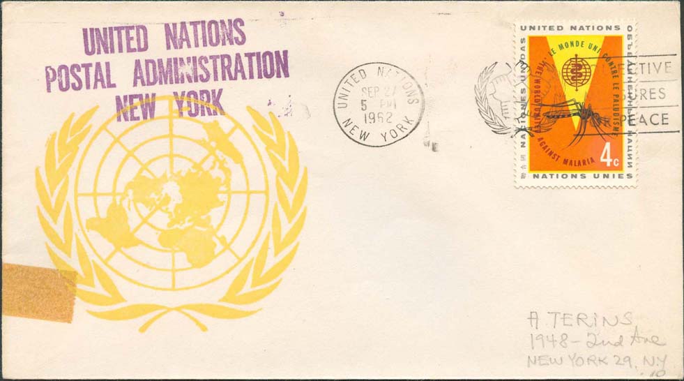 Scott 102 1st print - Sept 27, 1962 Machine slogan cancel Collective Measures for Peace UN Postal Administration rubber stamped return address