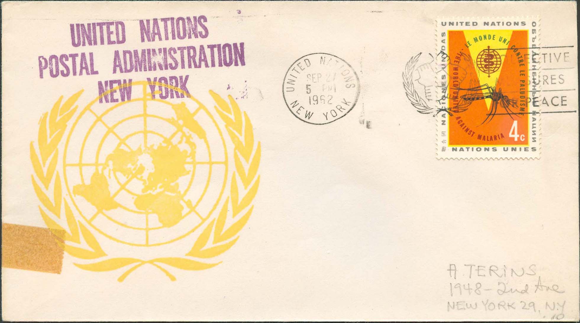 Scott 102 1st print - Sept 27, 1962 <br />Machine slogan cancel "Collective Measures for Peace"<br />UN Postal Administration rubber stamped return address
