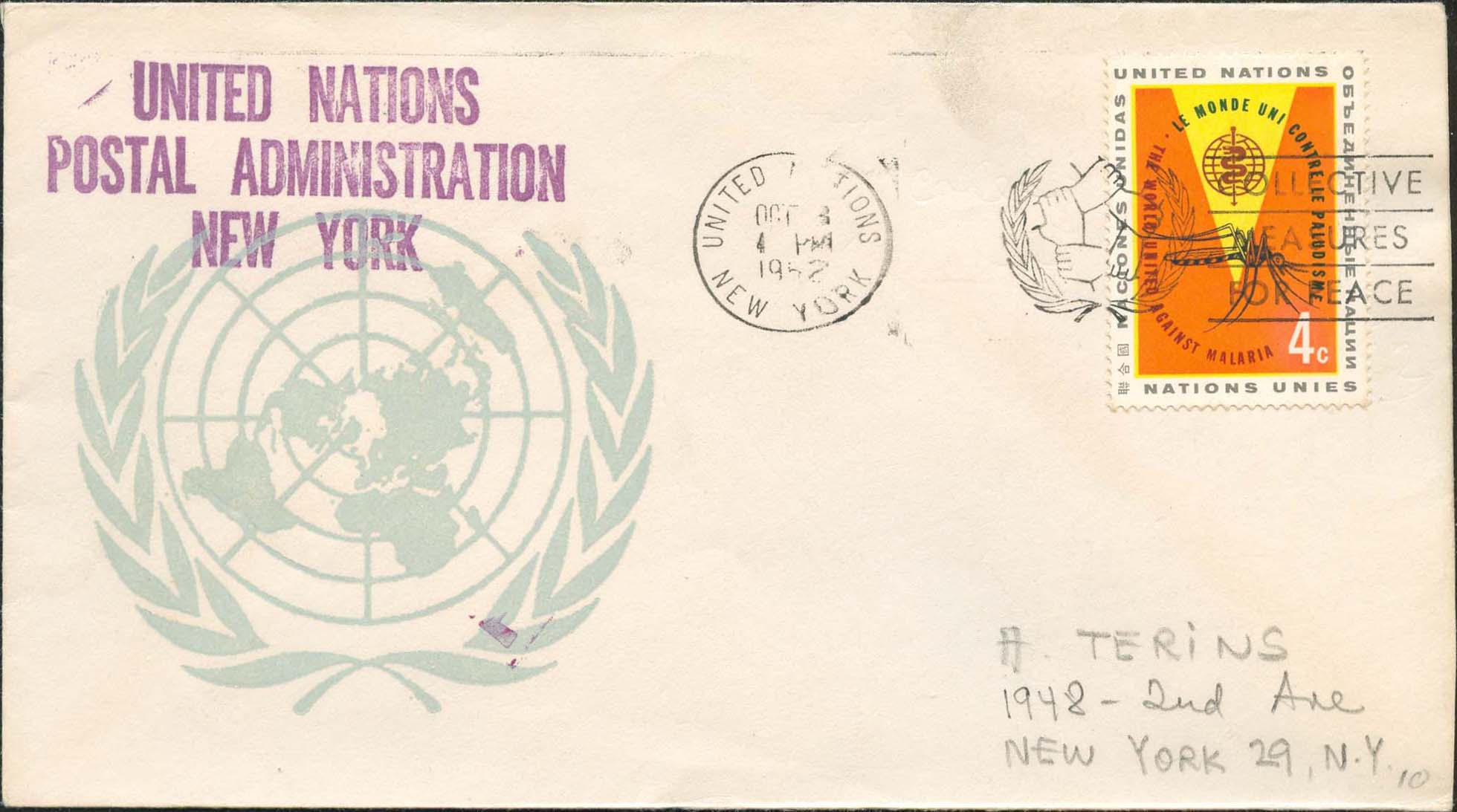 Scott 102 1st print - Oct 3, 1962 <br />Machine slogan cancel "Collective Measures for Peace"<br />UN Postal Administration rubber stamped return address