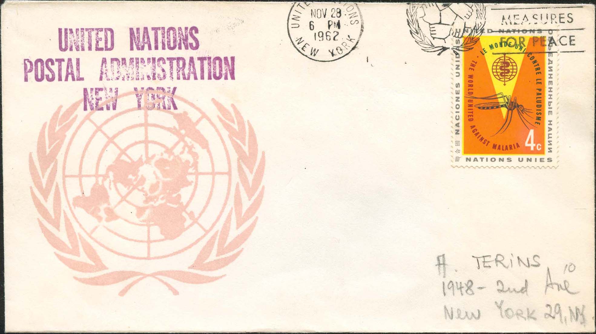 Scott 102 2nd print - Nov 28, 1962 <br />Machine slogan cancel "Collective Measures for Peace"<br />UN Postal Administration rubber stamped return address