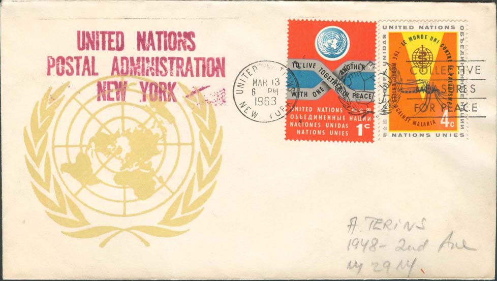 Scott 102 2nd print - March 13, 1963 Machine slogan Collective measures for peace UN Postal Administration rubber stamped return address