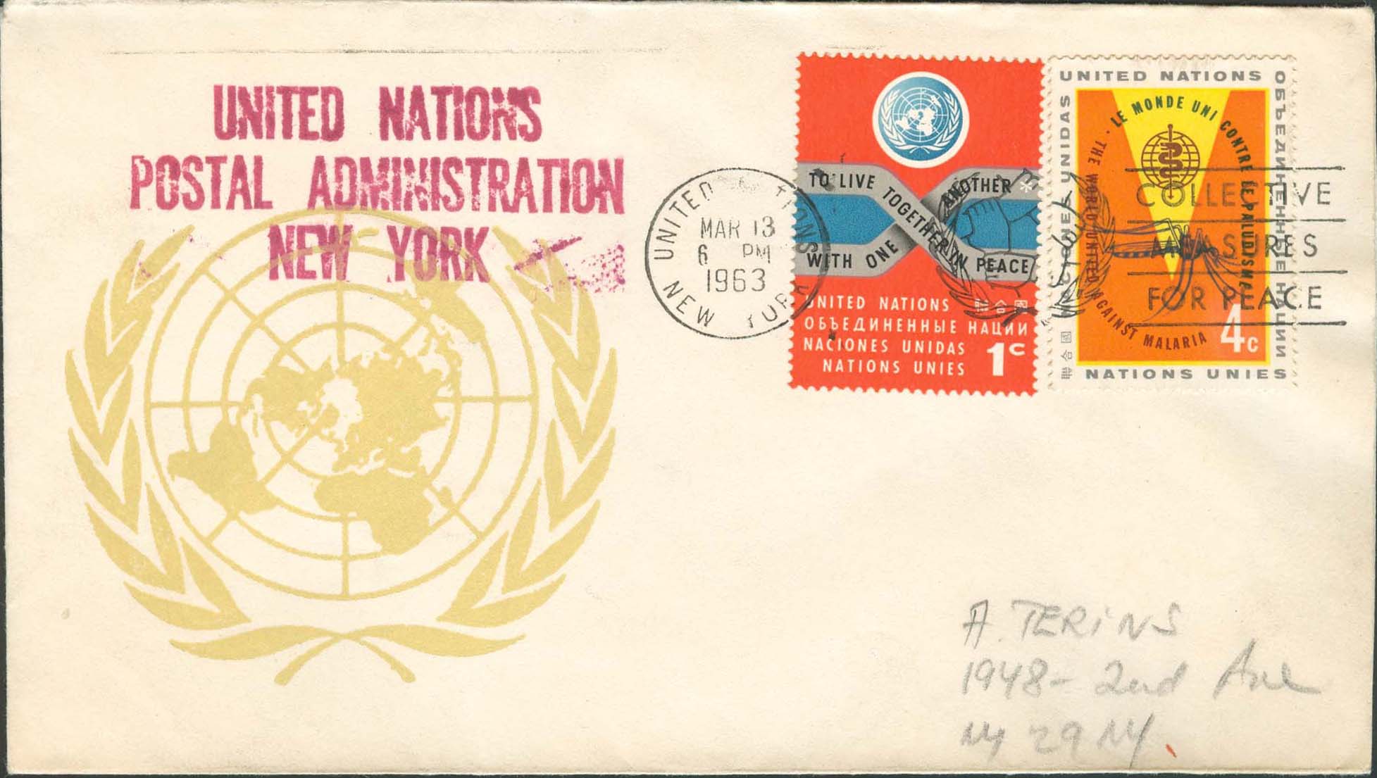 Scott 102 2nd print - March 13, 1963 <br />Machine slogan "Collective measures for peace"<br />UN Postal Administration rubber stamped return address