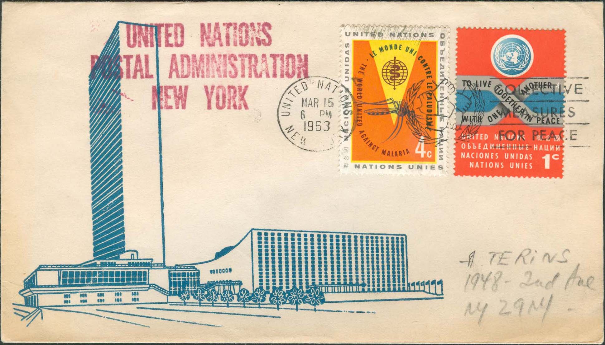 Scott 102 2nd print - March 3, 1963 <br />Machine slogan cancel "Collective Measures for Peace"<br />UN Postal Administration rubber stamped return address