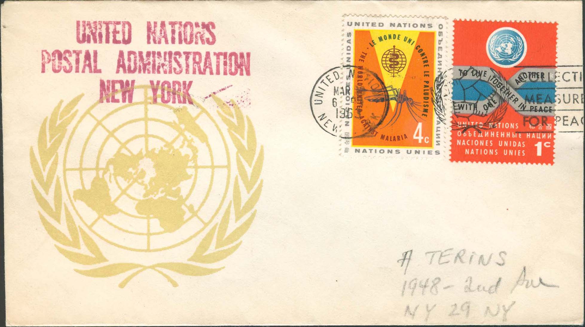 Scott 102 2nd print - March 18 or 19,1963 <br />Machine slogan "Collective Measures for Peace"<br />UN Postal Administration rubber stamped return address