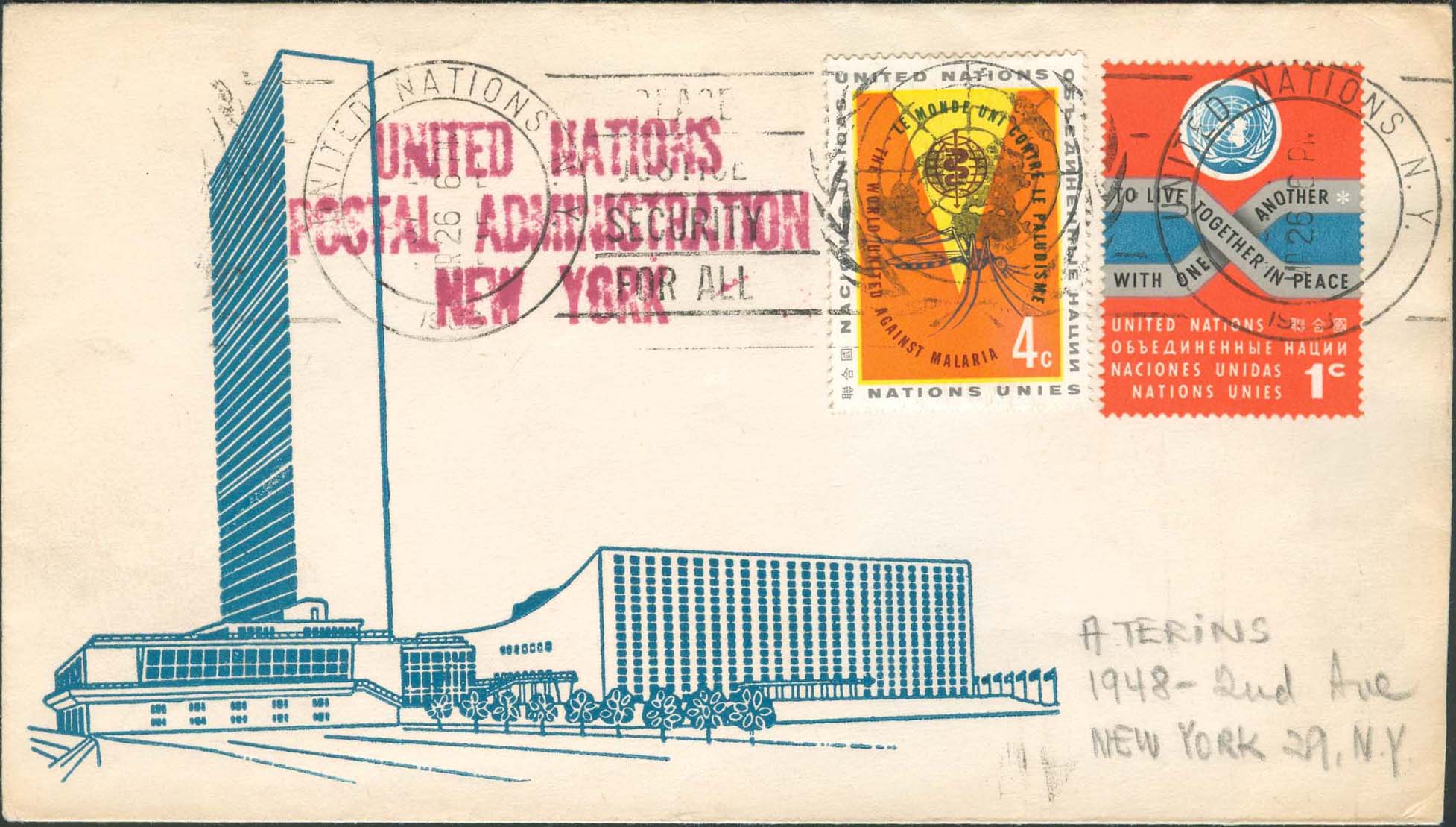 Scott 102 2nd print - March, 26, 1963 <br />With a "roller cancel" - not common on small envelopes<br />UN Postal Administration rubber stamped return address