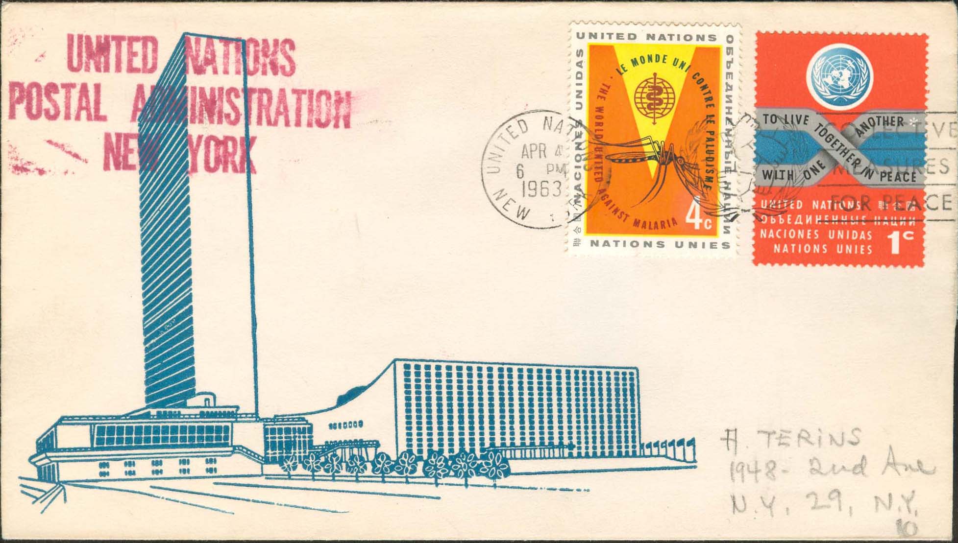 Scott 102 1st print - April 4, 1963 <br />Machine slogan cancel "Collective Measures for Peace" <br />UN Postal Administration rubber stamped return address