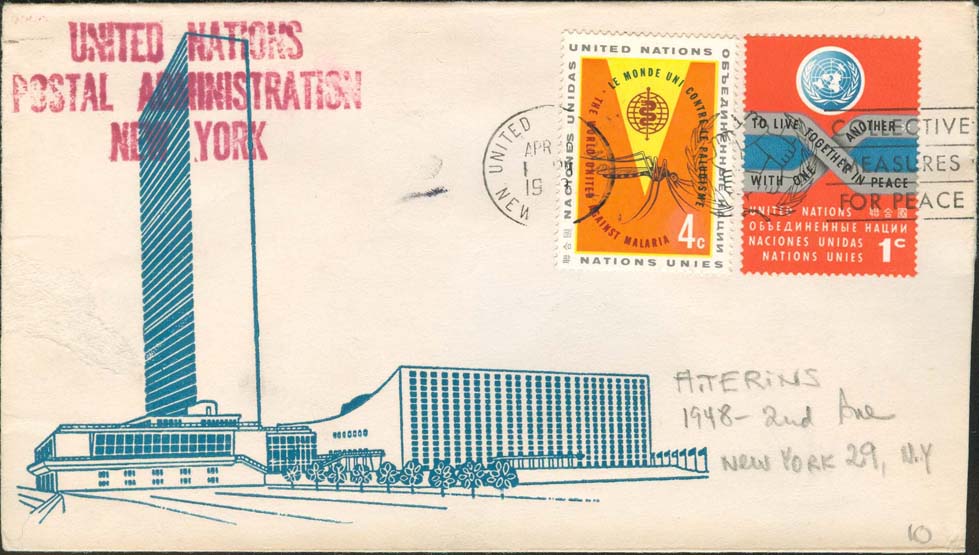 Scott 102 2nd print - April ?, 1963 Machine slogan cancel Collective Measures for Peace UN Postal Administration rubber stamped return address