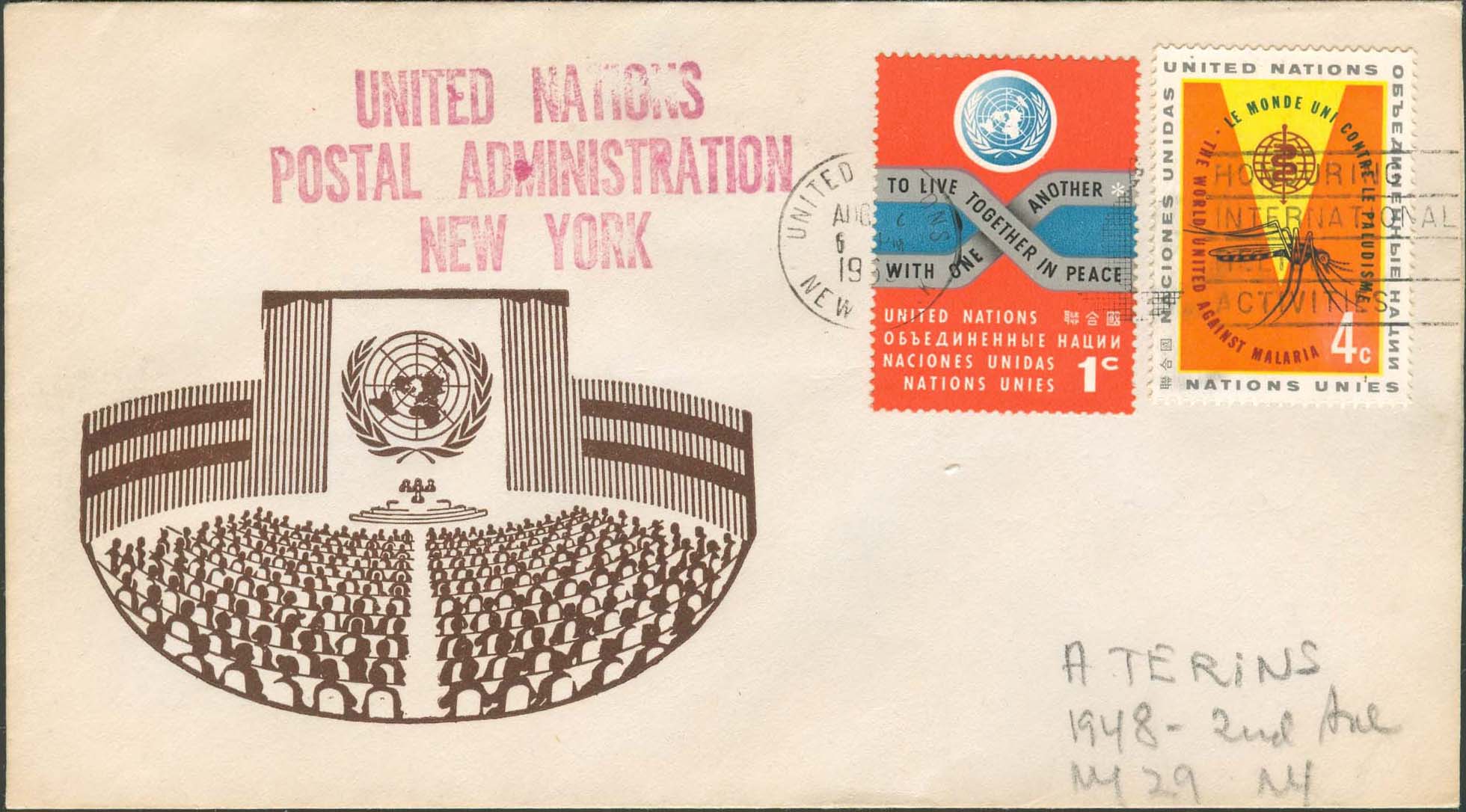 Scott 102 1st print - August 2, 1963 Machine slogan cancel Honoring Relief  UN Postal Administration rubber stamped return address