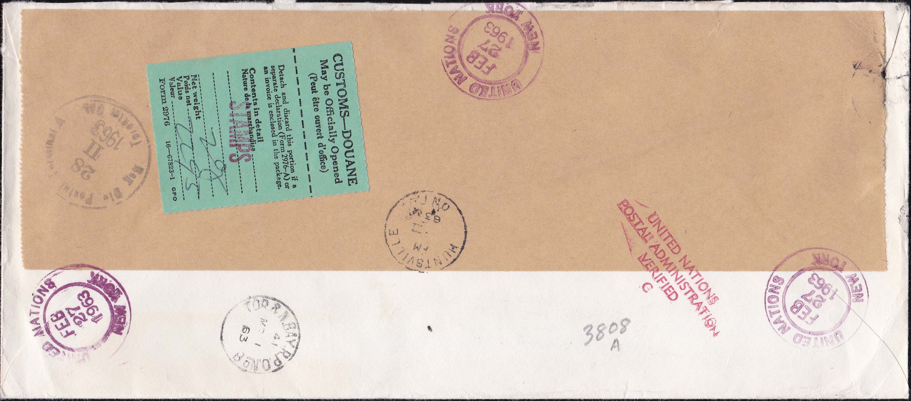 United Nations Scott 102-103 Feb 27, 1963 Registered Cover to Canada - Back