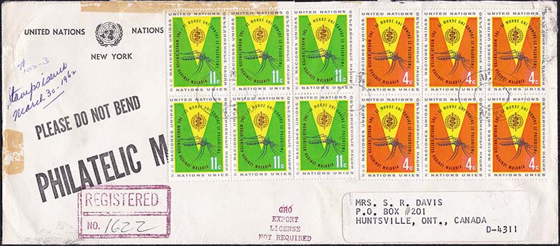 United Nations Scott 102-103 Feb 27, 1963 Registered Cover to Canada - Front United Nations Scott 102-103 Feb 27, 1963 Registered Cover to Canada - Front