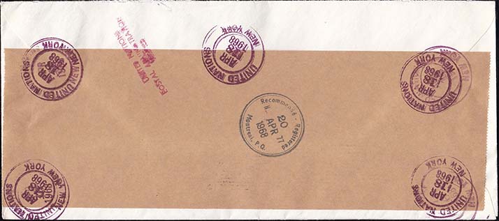 United Nations 1968 Registered Cover to Canada - Back United Nations 1968 Registered Cover to Canada - Back