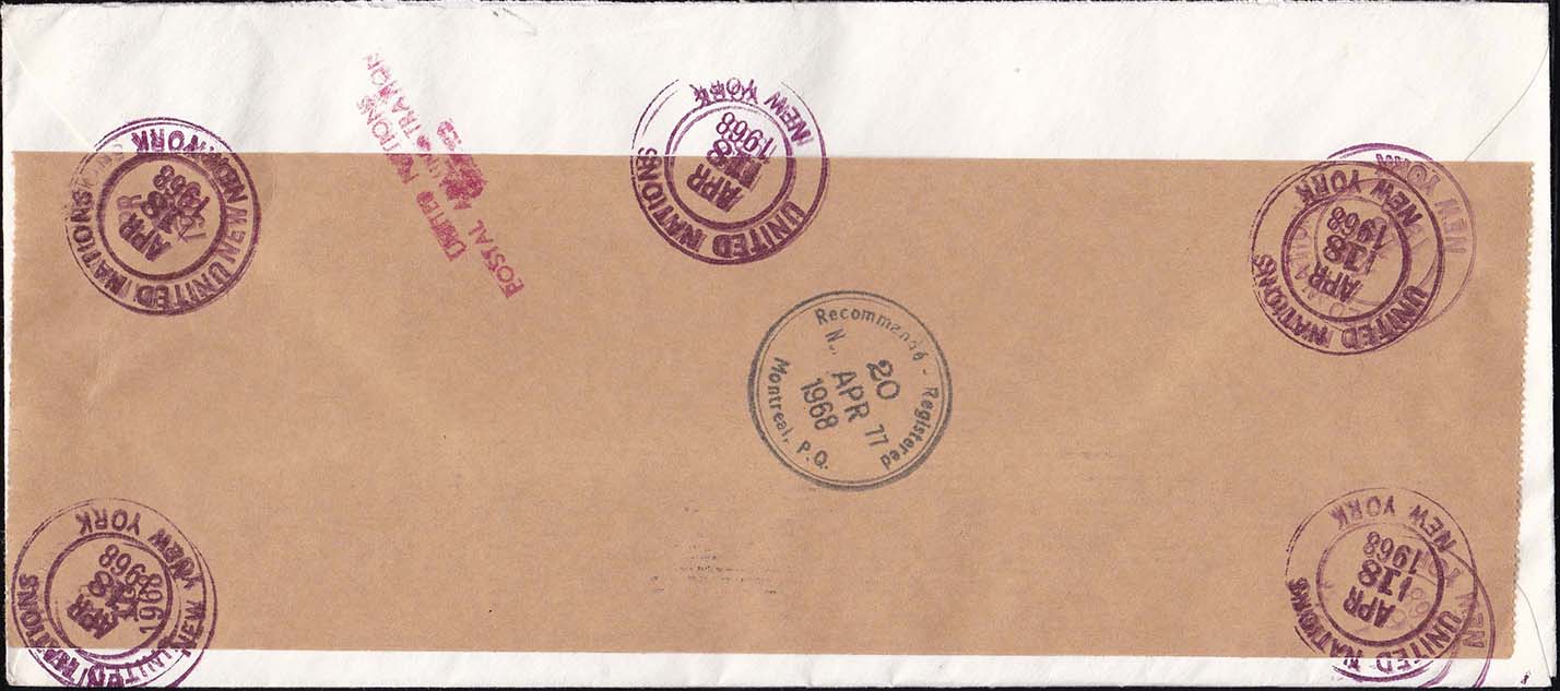 United Nations 1968 Registered Cover to Canada - Back